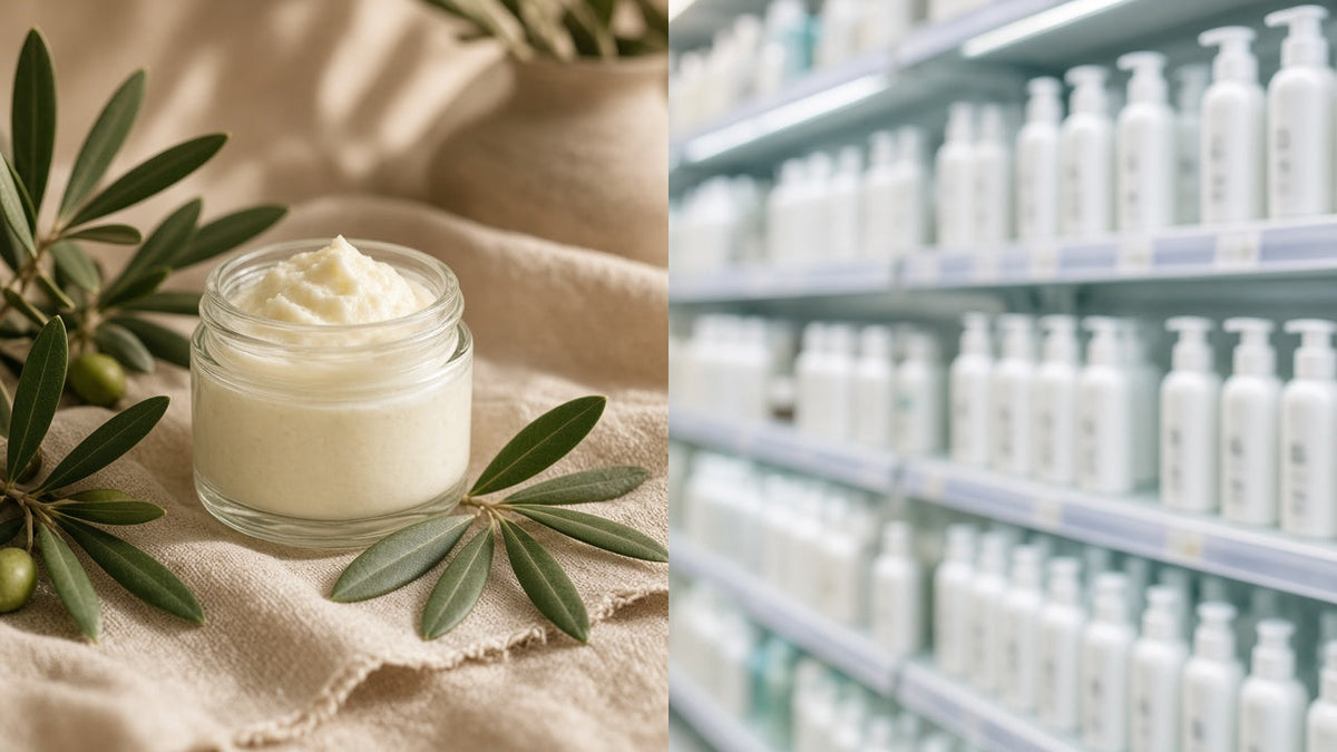 Handmade tallow balm jar with olive leaves beside blurred mass-market lotion bottles