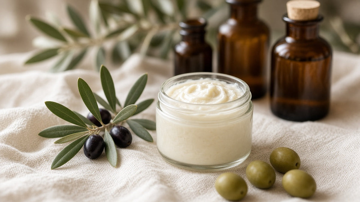 Glass jar of natural tallow balm with olives and olive leaves