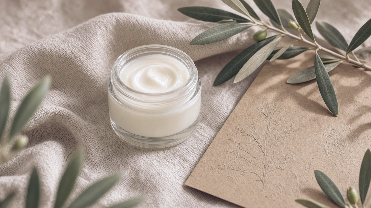 Creamy handmade tallow balm jar on linen with soft lavender wash