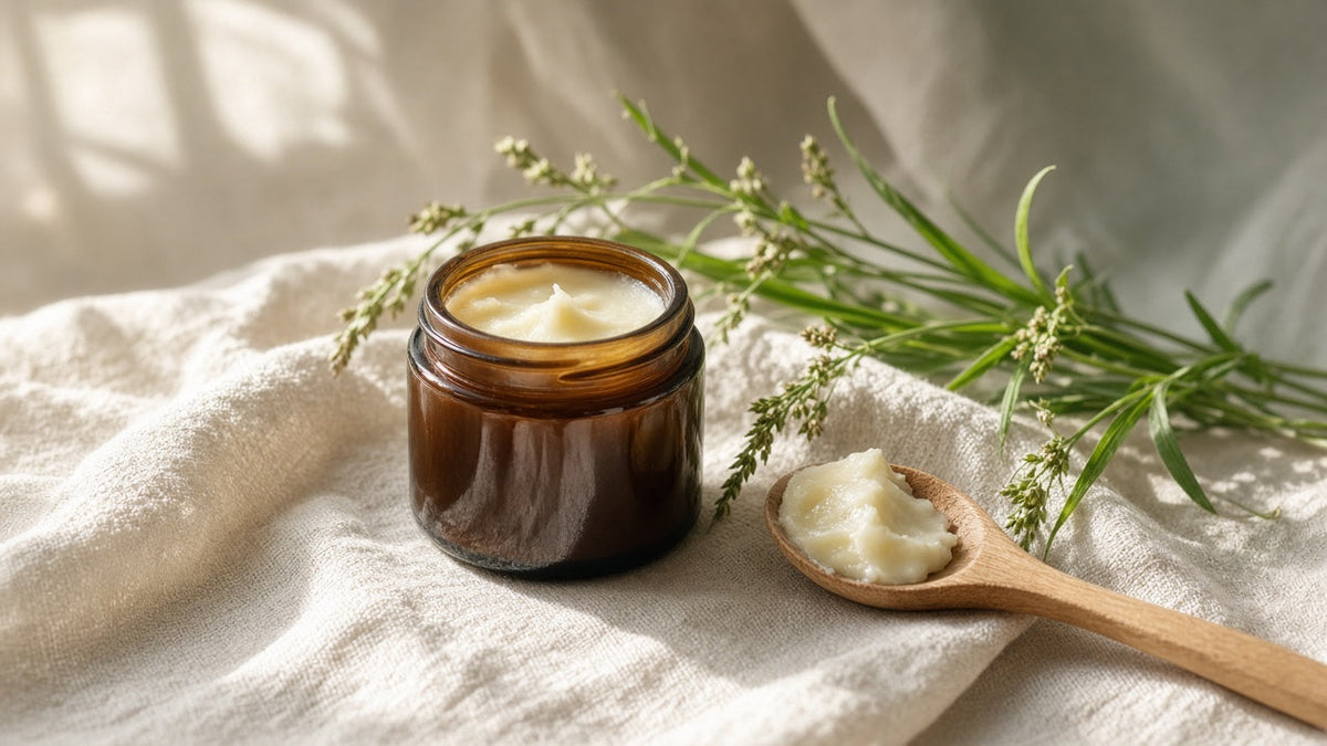 Amber jar of creamy tallow balm with wooden spoon and meadow grass on linen