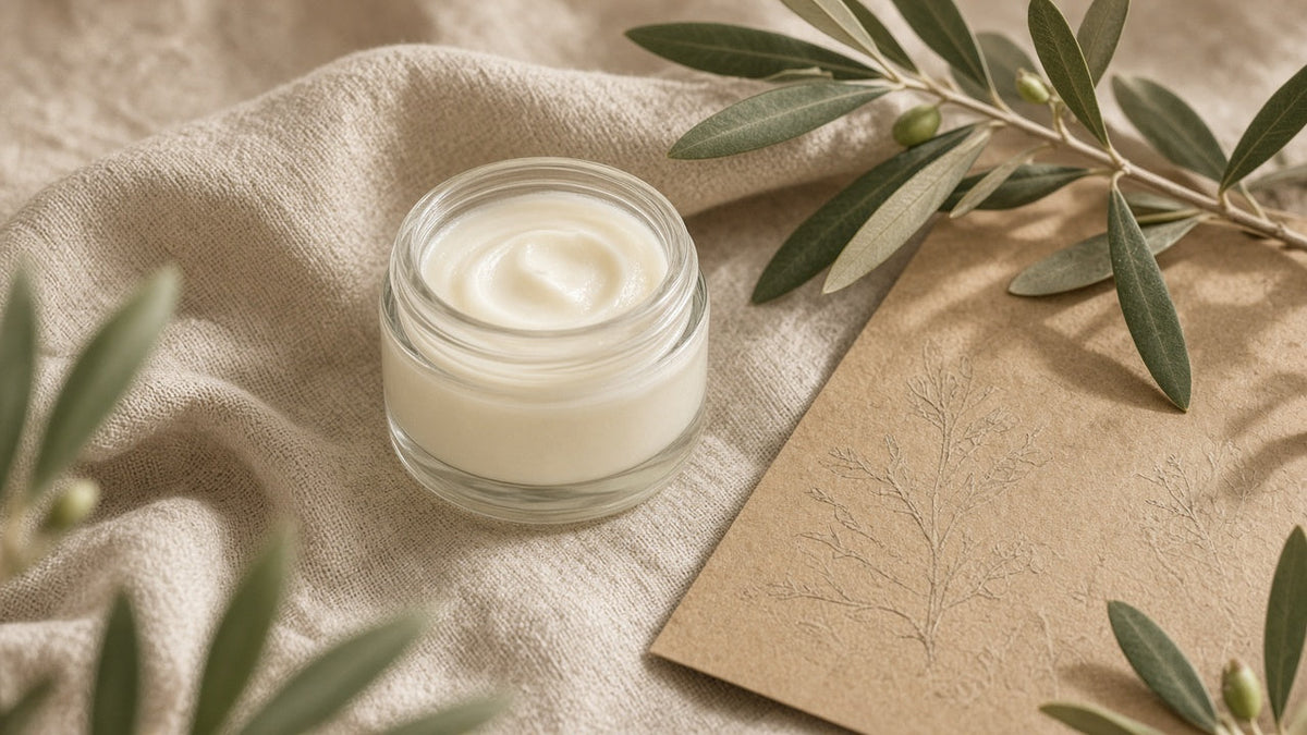 Glass jar of handmade balm with olive leaves and a kraft paper ingredient note
