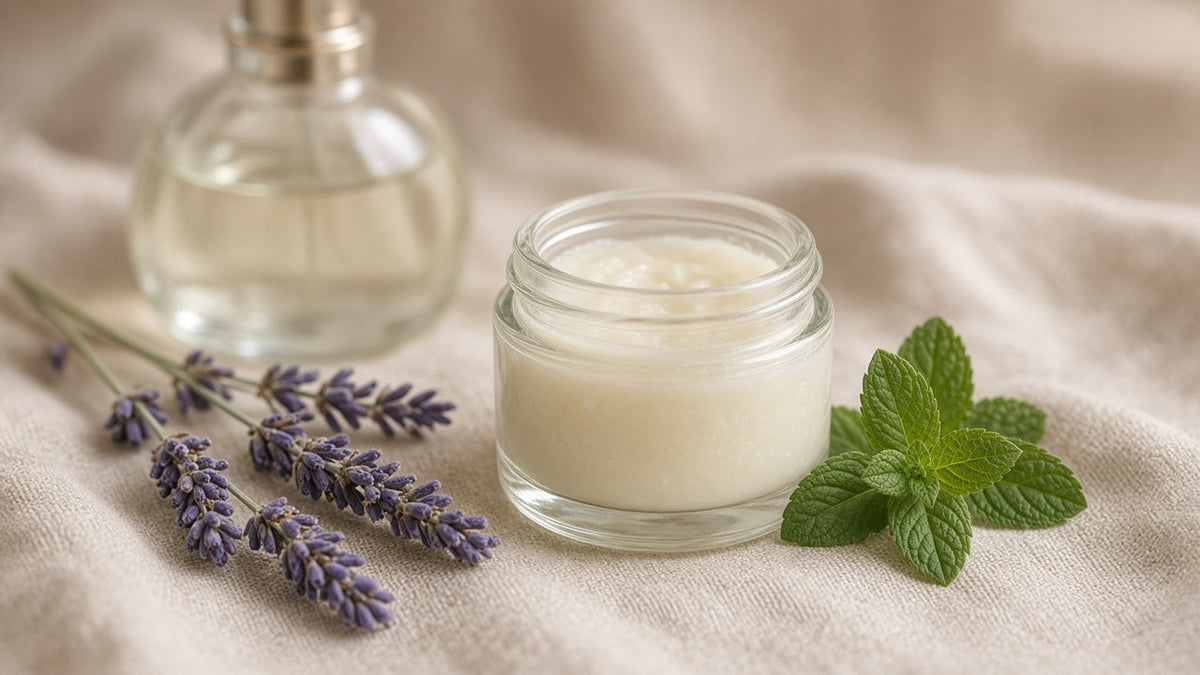 Handmade tallow balm jar with lavender and mint beside a soft-focus scent bottle
