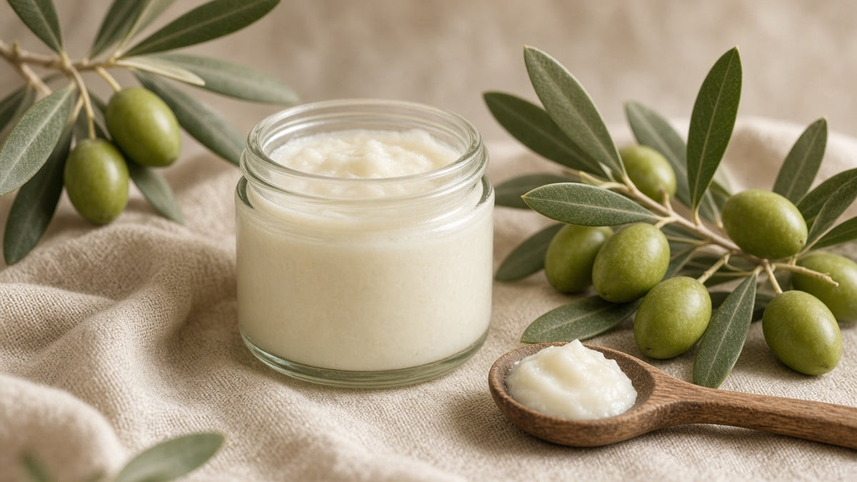 Glass jar of tallow and olive oil balm with olive branches and a wooden spoon
