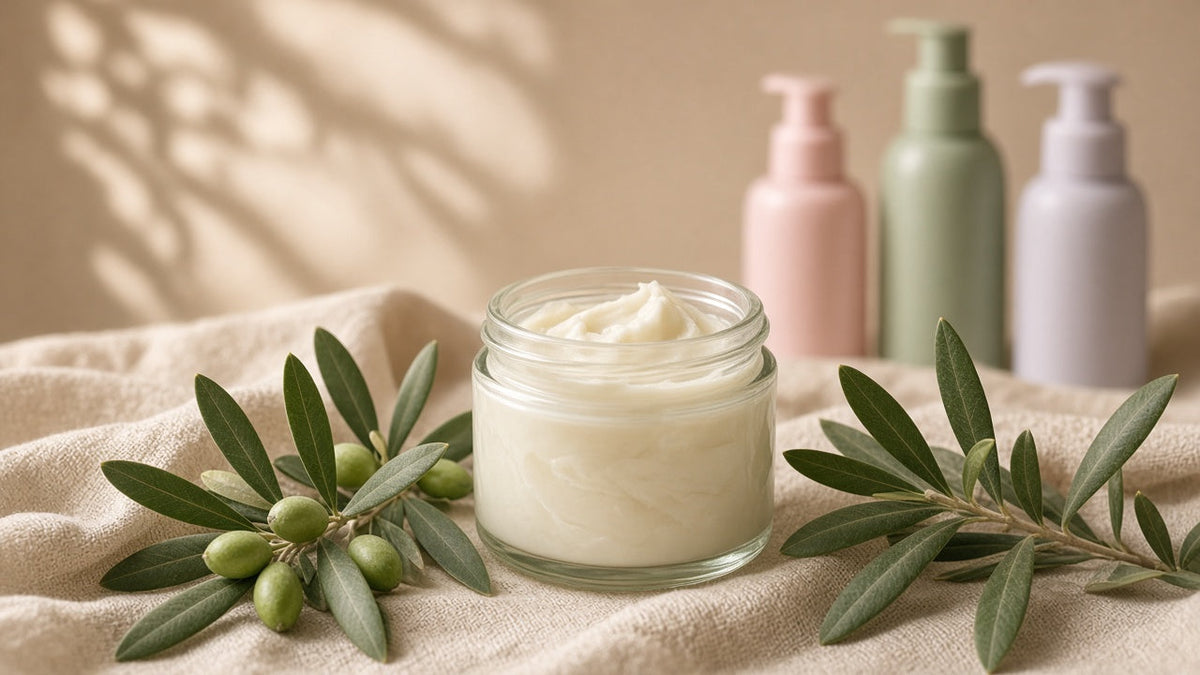Glass jar of handmade balm with olive branches; soft-focus pastel lotion bottles in the background